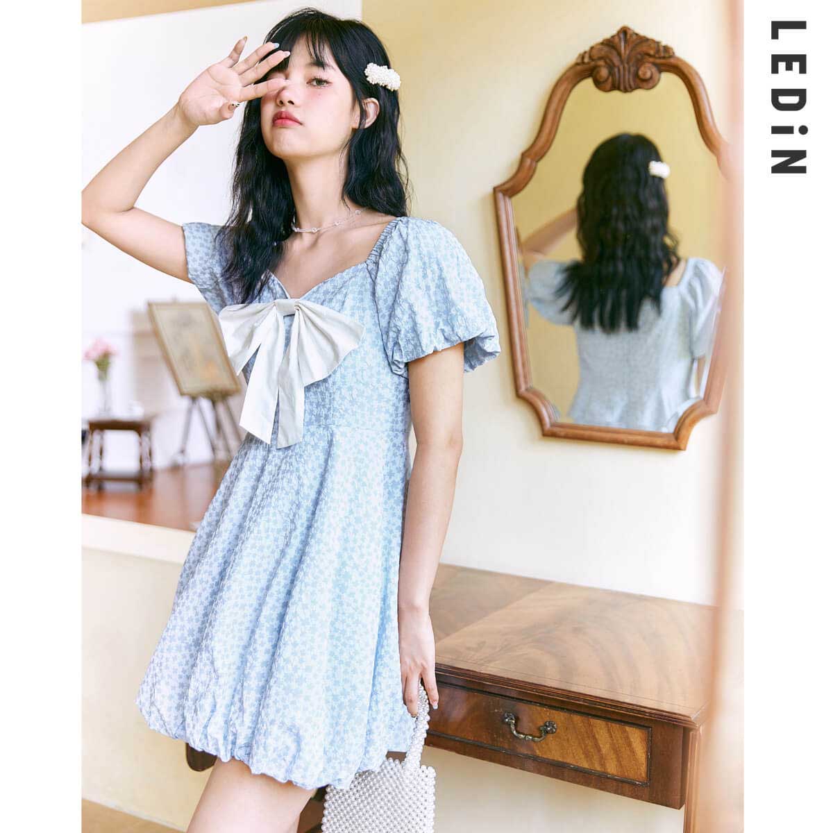 氣質水冰月連衣裙新款春蝴蝶結連衣裙方領茶歇裙